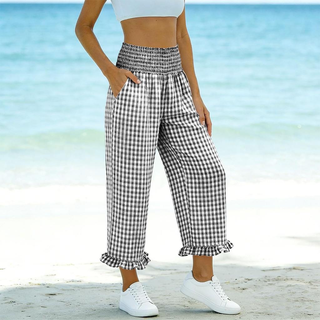 Women’s Plaid Wide Leg Pants with Ruffle Hem High Waist Loose Fit Lightweight Cropped Trousers for Casual Wear