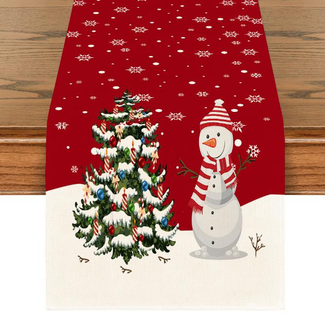 Linen Christmas Table Flag with Snowman & Santa Prints - Festive Table Mat Decorations
