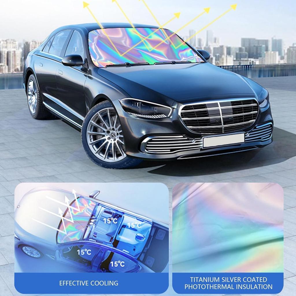 Sunshade Car Front Windshield Titanium Silver Sun Shade Iridescent Foldable Sun Shield Cover Block UV Rays Reflector Shield Large 145x80cm