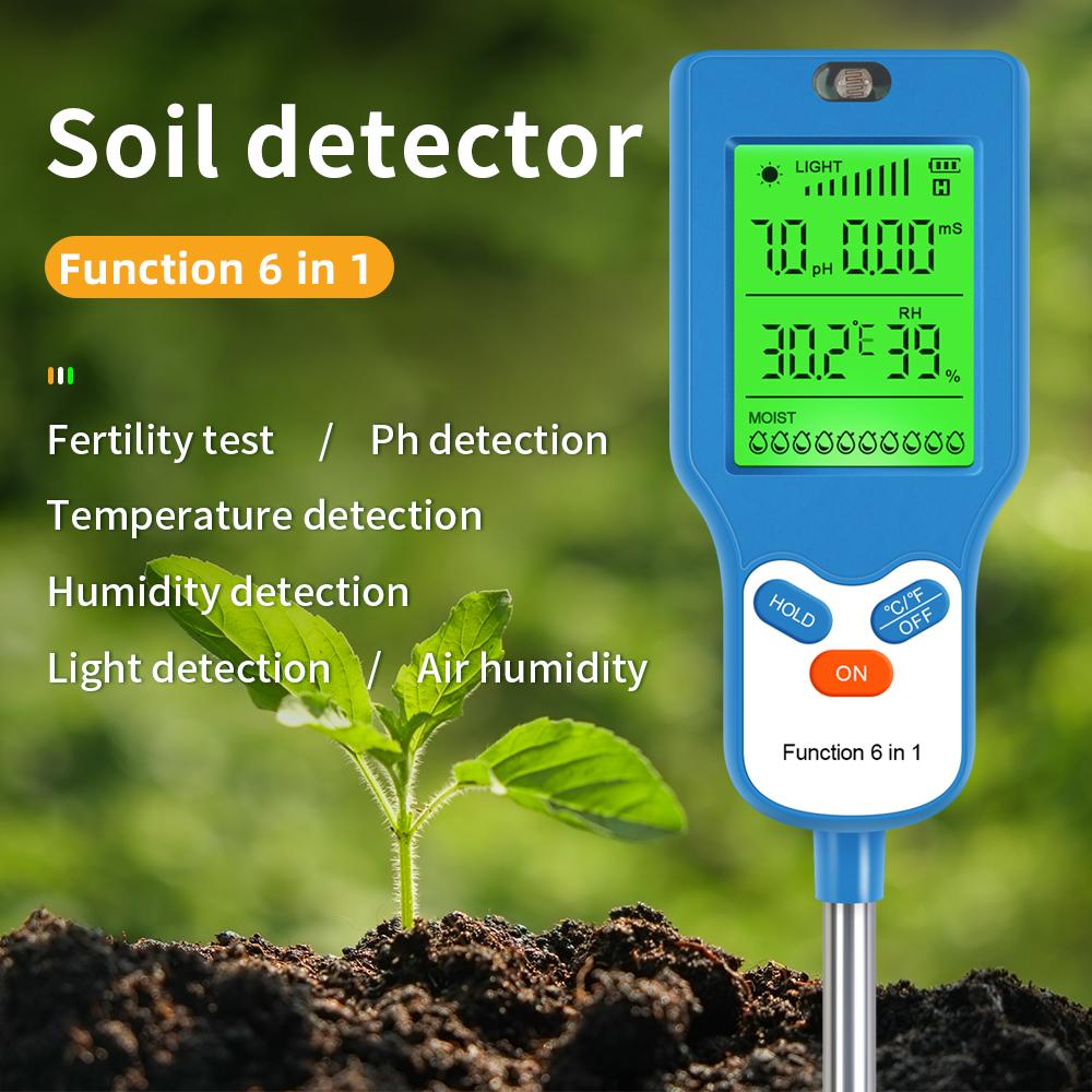Yieryi 6 In 1 Soil PH Meter Moisture Temperature Light EC Fertility Tester Digital Garden Plant Soil Detector for Vegetable Farm