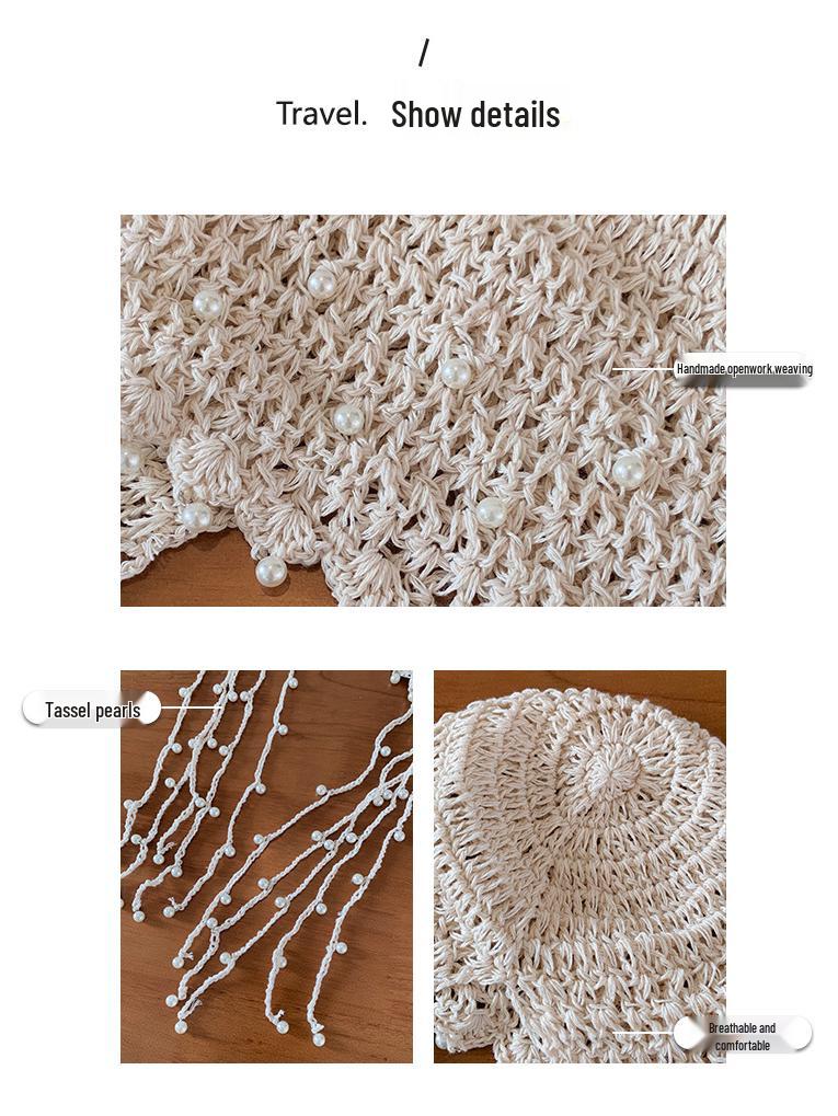 Summer Ethnic Style Knitted Hat with Hollow Pearl Tassel Pendant - Retro Face-Showing Design for Women