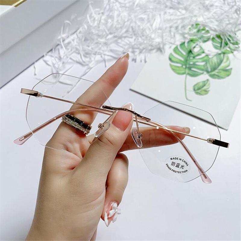 Rimless Blue Light Blocking Finished Myopia Glasses Women Metal Frameless Polygon Shortsighted Eyewear Diopter -1.0 -1.5 To -4.5