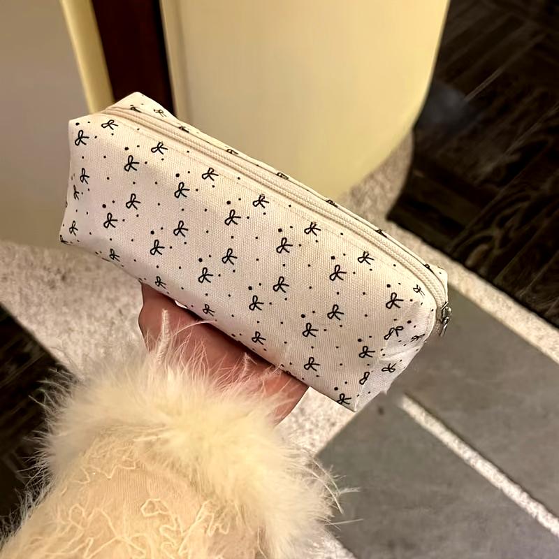 Large Capacity Cute Pencil Case with Black Bow Design - Stylish White Stationery Organizer, Durable Fabric, Perfect for School Supplies
