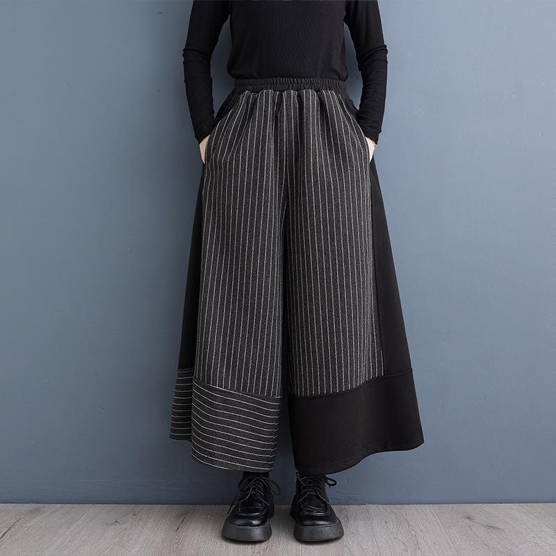 

2024 Spring/Autumn Women s Black Wool Wide-Leg Pants: Fashionable Hong Kong Style with Striped Splicing. One Size