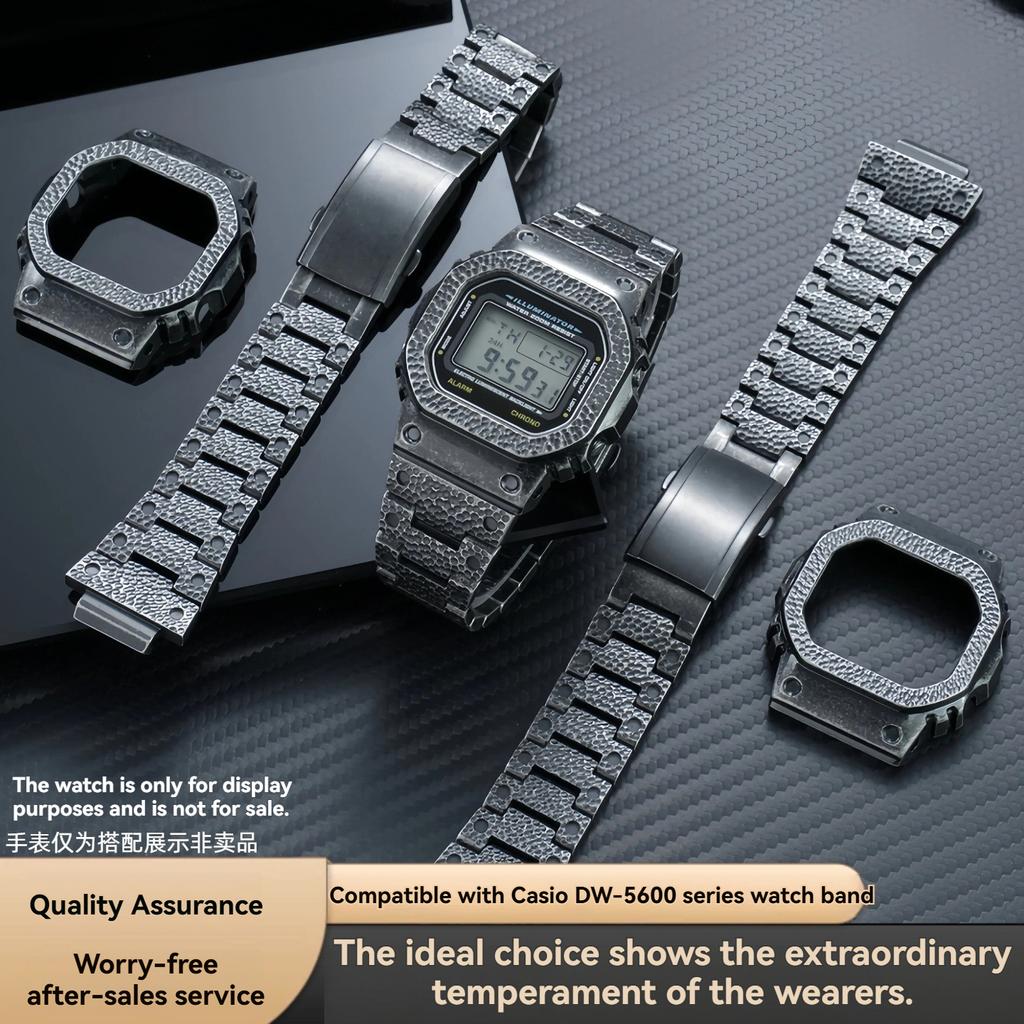 for Casio G-Shock Mod Kit DW5600 GW-B5600 GA2100 GMWB5000 | Titanium/Stainless Steel Metal Case & Strap | Hammer Pattern Bezel