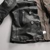 Navy genuine leather coat men's lapel double-row horn button heavy-wash fully vegetable-tanned sheepskin jacket