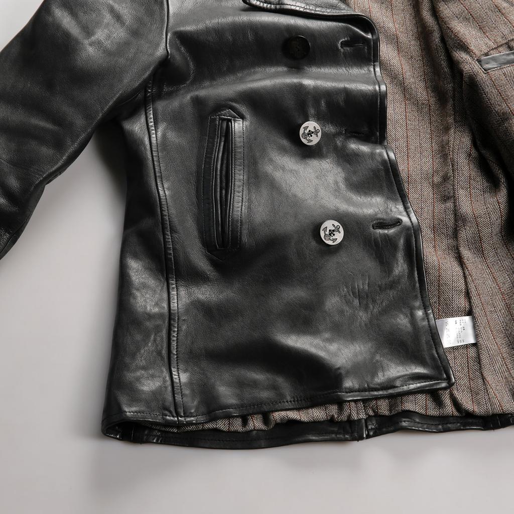 Navy genuine leather coat men's lapel double-row horn button heavy-wash fully vegetable-tanned sheepskin jacket
