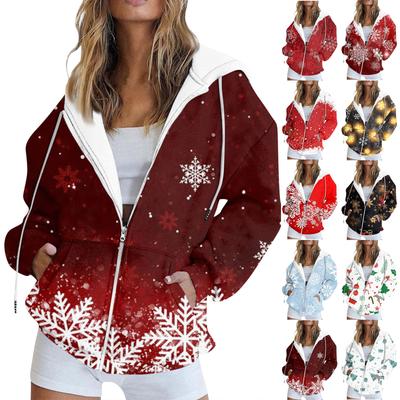 Damenmode Lässig Weihnachten Bedrucktes Sweatshirt Herbst Und Winter Langarm Mit Tasche Strickjacke Jacke Reißverschluss Hoodie Mantel