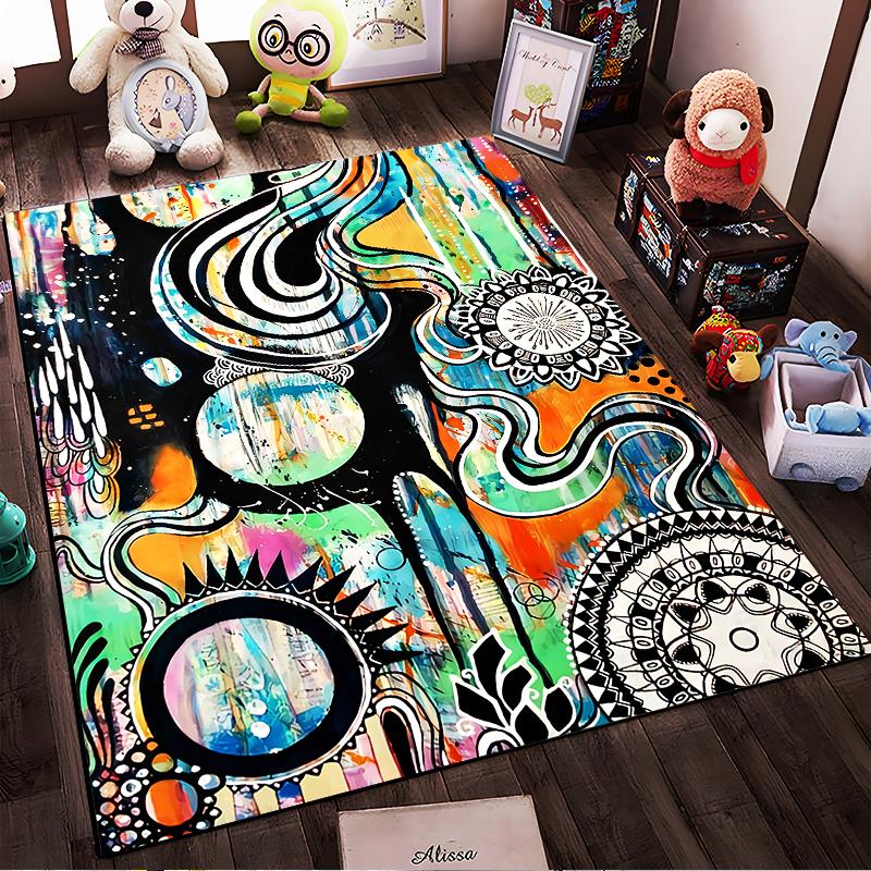 Abstract Art Carpet with Colorful Swirls, Mandala Patterns and Circles Suitable for use as an anti-slip for living room bedroom sofas