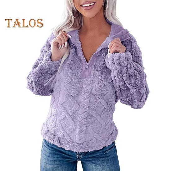 Winter Women Sweatshirt Zippered Turn-down Collar Rhombus Texture Plush Thick Long Sleeves Solid Color Keep Warm Autumn Top