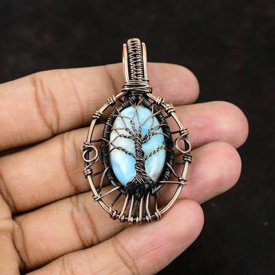 Drzewo Życia Larimar Kamień Szlachetny Wisiorek Miedziany Drut Owinięty Biżuteria Unikalny Miedziany Design Biżuteria Ręcznie Robiona Biżuteria Prezent Dla Niej Prezent Dla Matki
