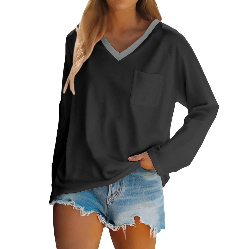Women's Raglan Long Sleeve V-Neck T-Shirt Splicing Solid Color Casual Top Pullover V-Neck Pocket Bottoming Shirt