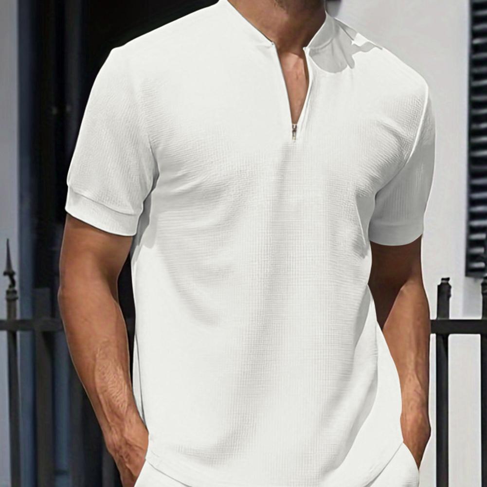2Pcs/Set Men Casual Outfit Stand Collar Zipper Neckline Short Sleeve Tops Elastic Waistband Drawstring Pockets Pants Set