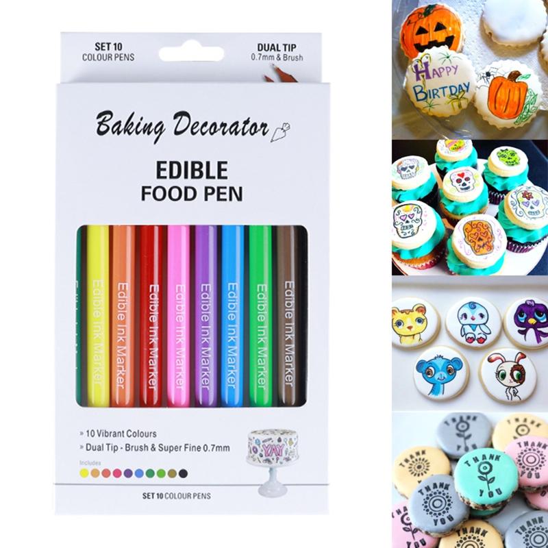 10PCS Edible Baking Pigment Pen Fondant Biscuit Cake Plastic Food Pen Hook Line Drawing Writing Pen for Decoring Fondant