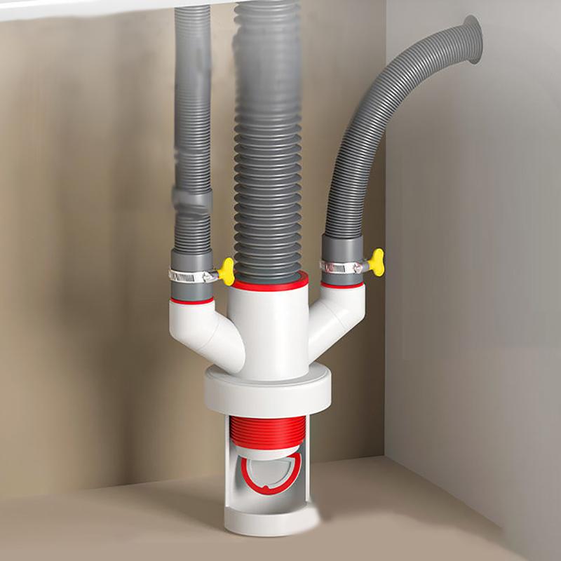 Washing Machine Drain A Three-Way Drain Distributor, A Dryer, A Drainage Pipe, A Three-Way Anti-Backflow Check Valve Connection