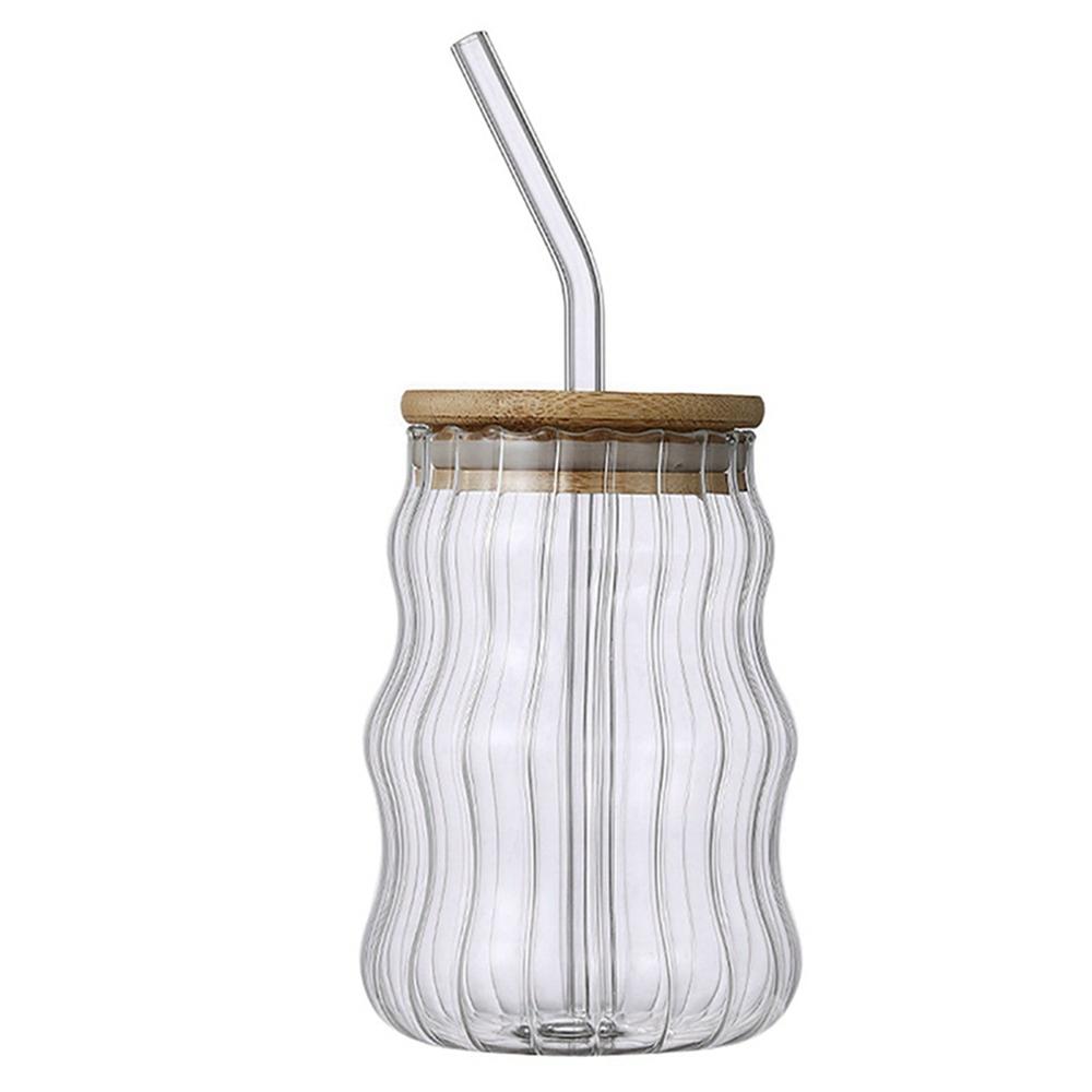 Glass Cup Straw Cup with Lid Striped Glasses Water Cup Coffee Cup Milk Cup