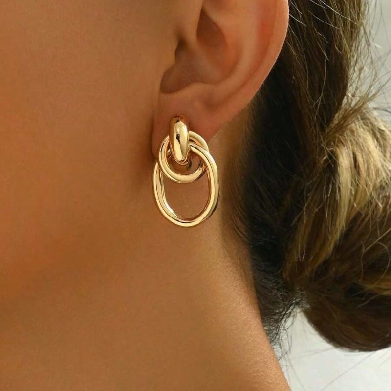 1pair Fashionable Gold Tone Metal Multi-Turn Knotted Design Stud Earrings for Women, Double Hoop Studs, Statement Dangling Earrings, Unique Earrings