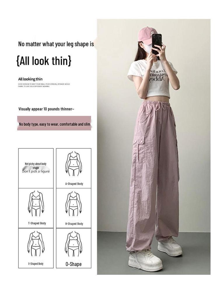 Women's High Waist Pink Cargo Pants - 2025 Spring Collection - Straight, Loose Wide Leg, Drape, and Casual Sports Style