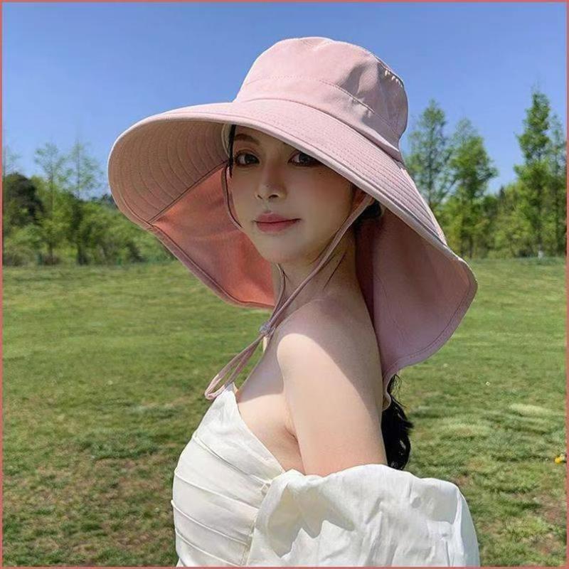 Solid Color Wide Brim Sun Hat Korean Style With Neck Cover Sun Protection Hat Neck Protection Adjustable Women Bucket Hat Ladies