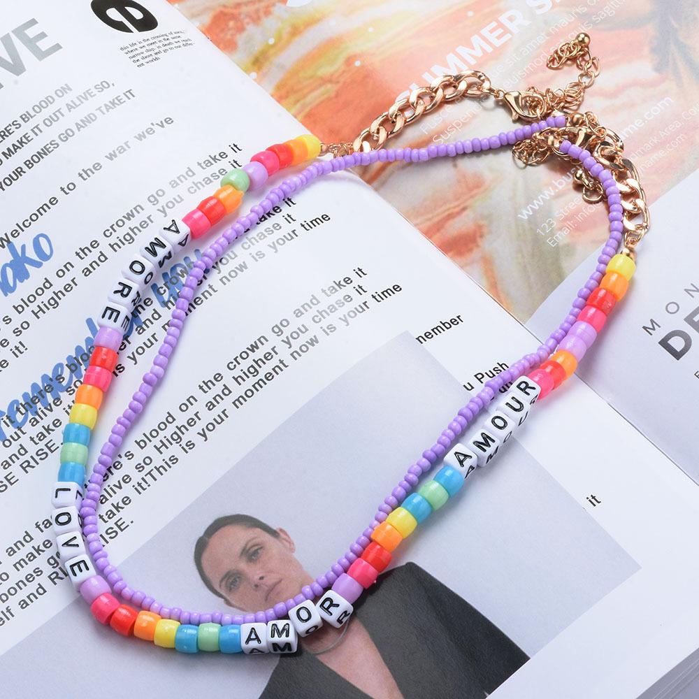Sweater Necklace Temperament Versatile Colored Rice Bead Letter Collarbone Chain Double Layer Necklace