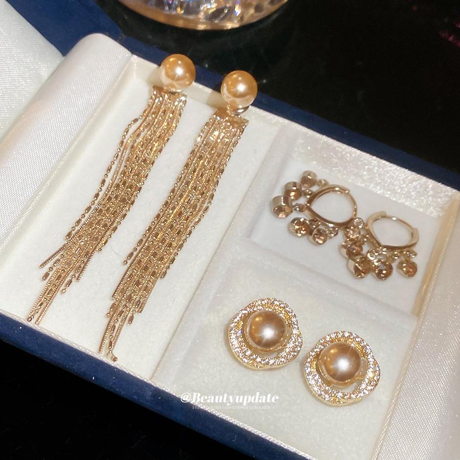 Silver Needle Geometric Zircon Pearl Tassel Earrings – Retro French Style High-End Luxury Fashion Jewelry