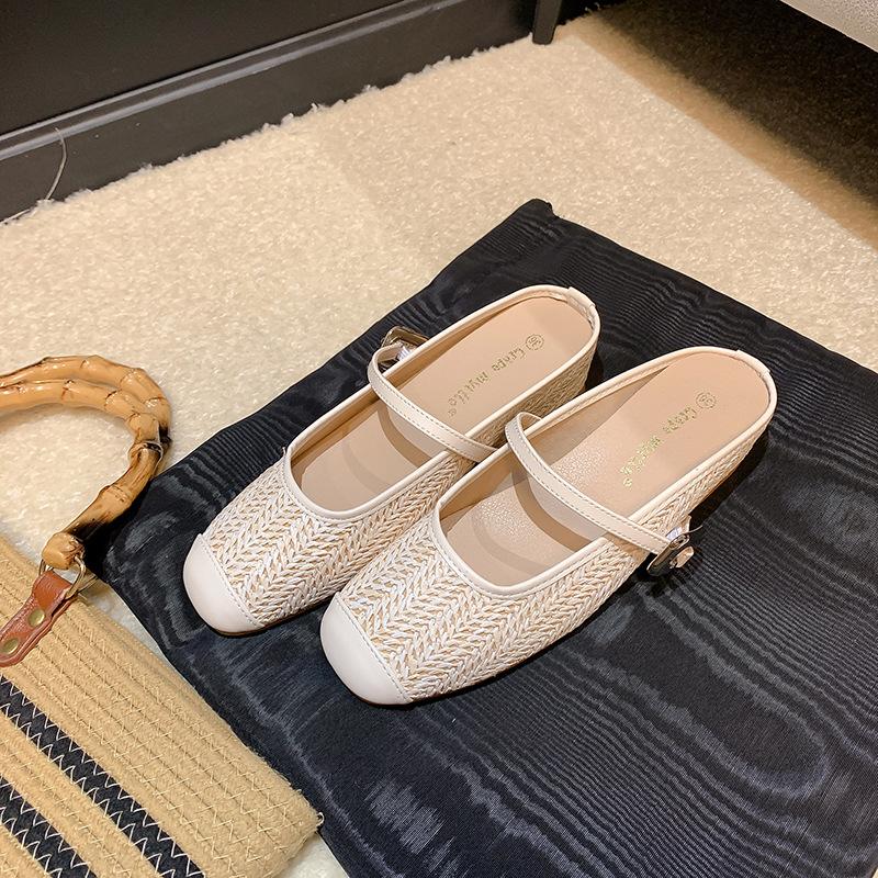 

Виноградная мать лето ретро тканые полые квадратный носок слово с толстым каблуком сандалии мюли полушлепанцы женская одежда 40