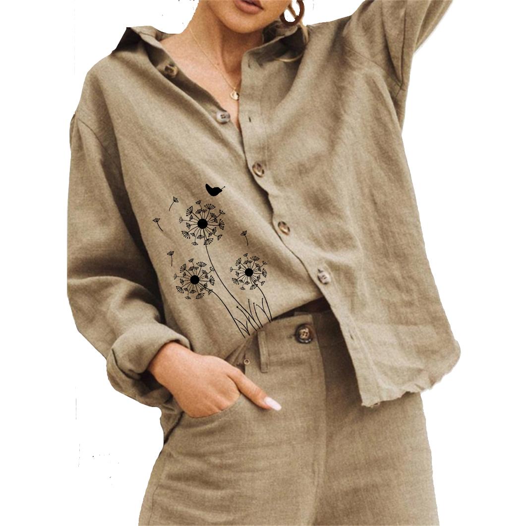 

Женская модная блузка с цветочным принтом, летняя и осенняя, из хлопка и льна, женская повседневная рубашка с длинными рукавами на пуговицах 3XL хаки