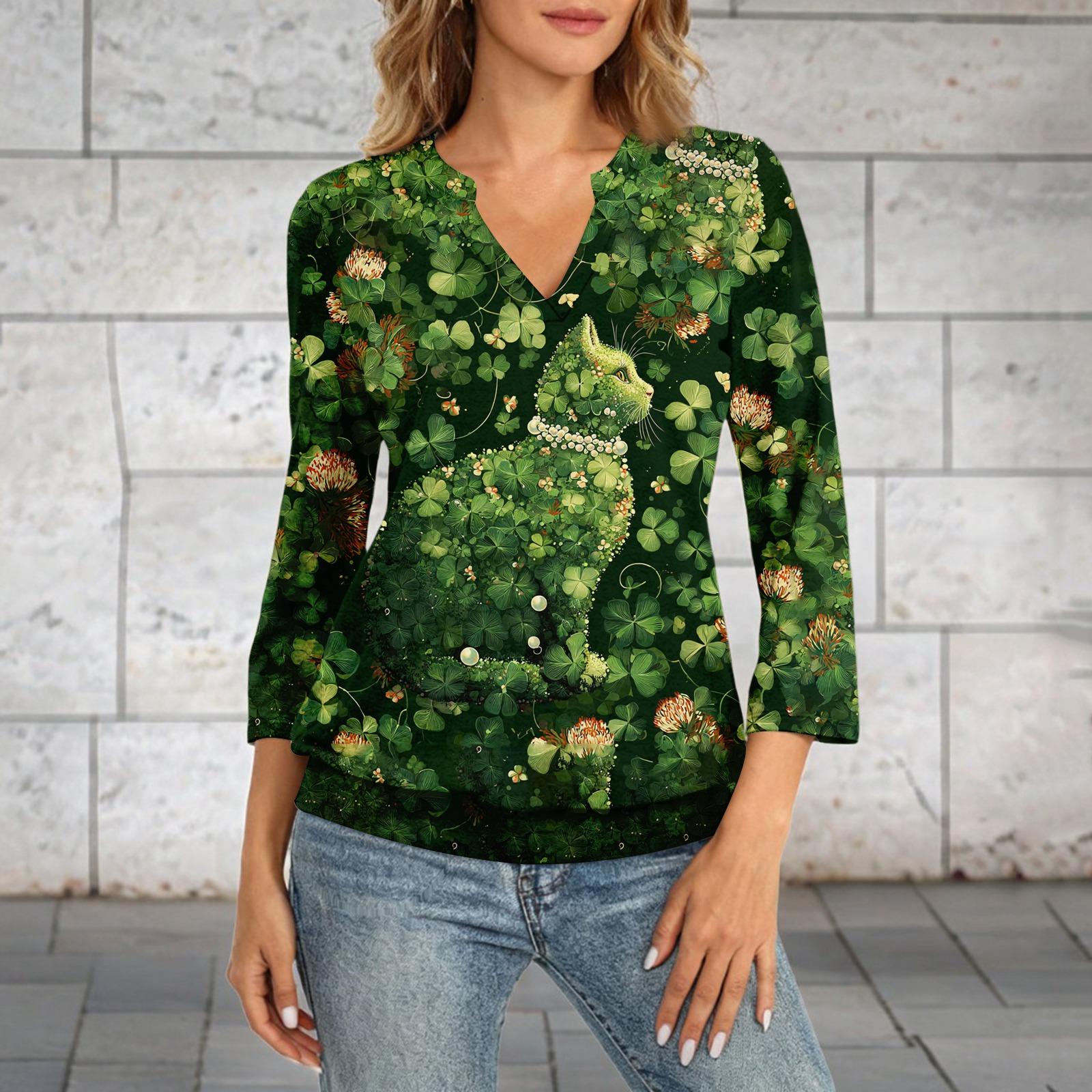 

Women s 3/4 Sleeve Top With Cuffed Hem, V-Neck, Summer Casual -Shirt, St. Patrick s Day Printed Top XXL