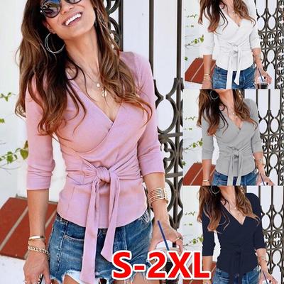 Womens V Neck Long Sleeve Knitted Sweater Tops