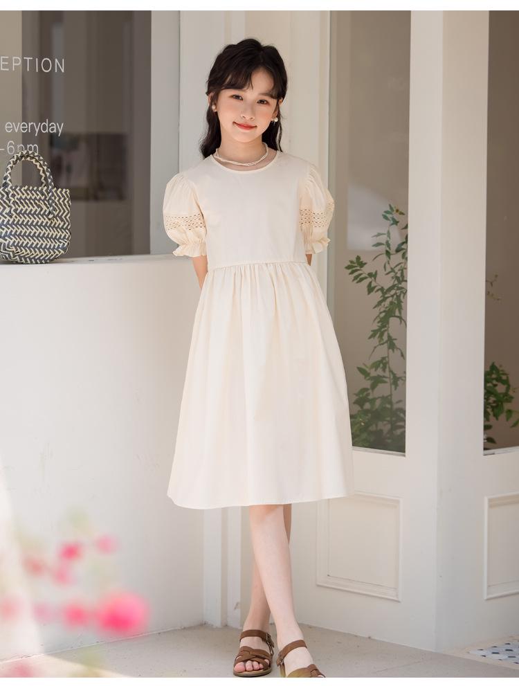 Mädchen Jumpsuit Kleid im koreanischen Stil mit Puffärmeln - Kurzarm einfarbig Kinderbekleidung 2025