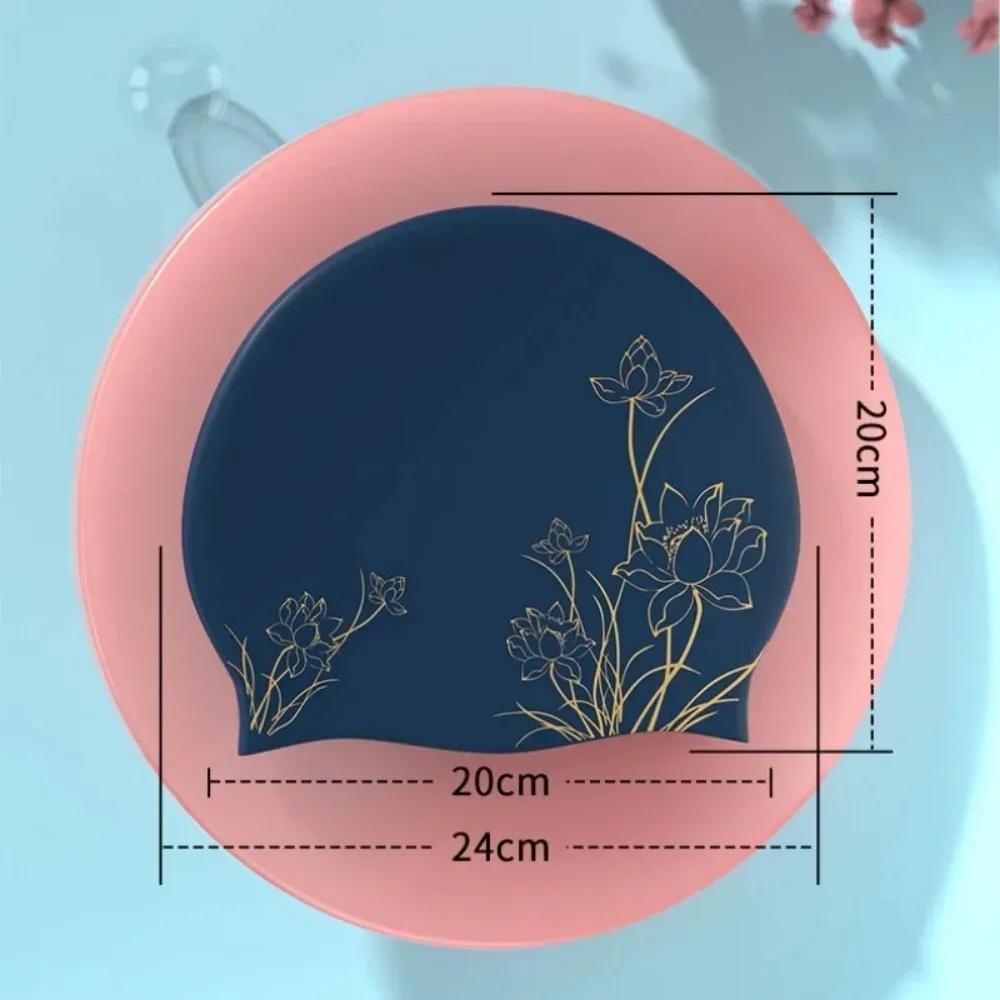 Womens Lotus Pattern Silicone Swim Cap Waterproof Unbreakable Design Long Hair Friendly With Ear Protection Soft Material