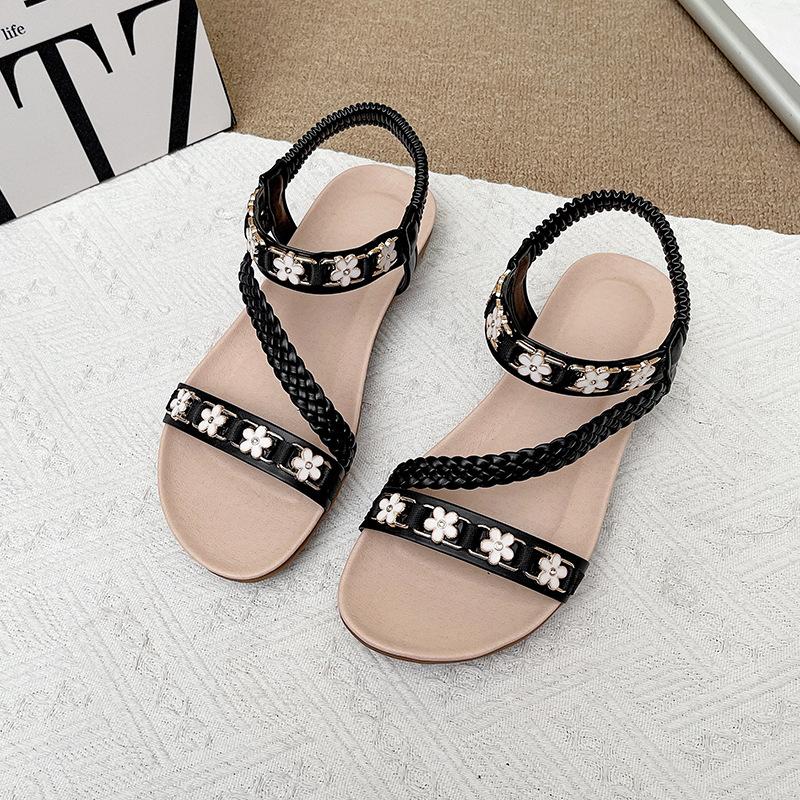 

2025 новые сандалии-гладиаторы большого размера женские летние богемные этнические плетеные с цветком сандалии на плоской подошве 43 чёрный