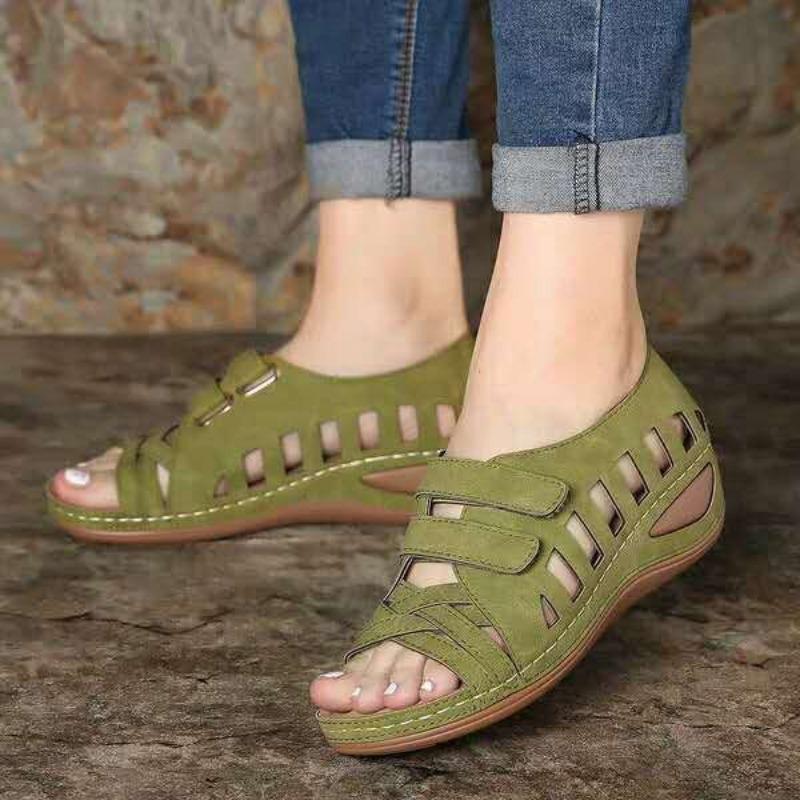 Large size wedge heel sandals women's summer Velcro lightweight hollow sandals women
