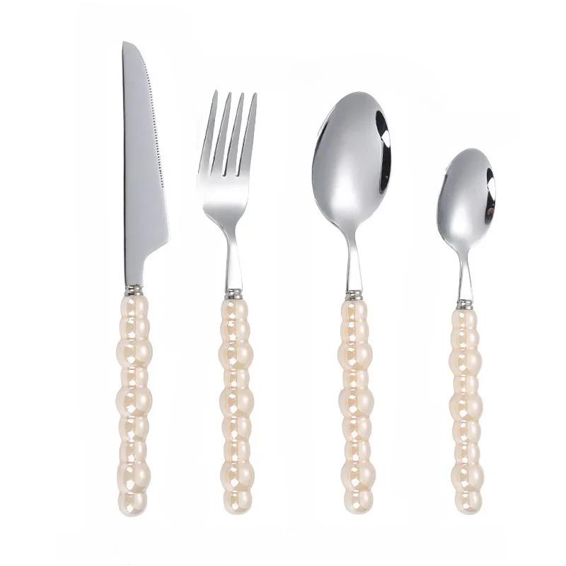 4Pcs Gold Dinnerware Set Stainless Steel Cutlery Knife Tea Fork Coffee Spoon Pearl Ceramic Handle Flatware Utensils for Kitchen