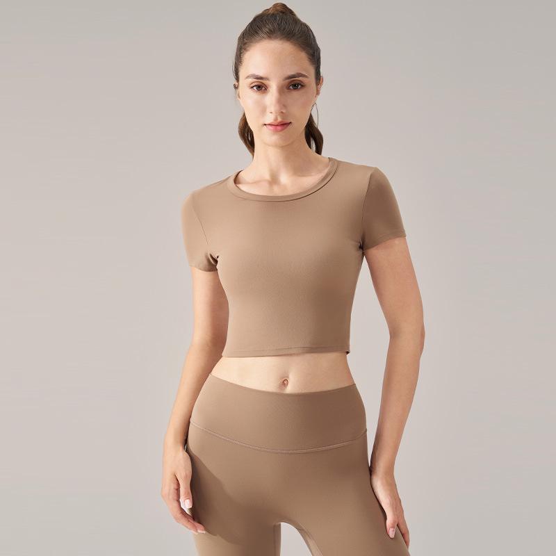 Women's Summer Round Neck Short Sleeve Lycra Yoga Tops - High Elasticity, Comfortable Fit for Fitness & Sports.