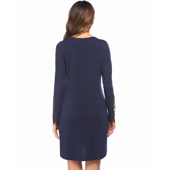 Long Sleeve Nightgowns for Women V Neck Lace Patchwork Nightshirts Fake Placket Button Down Mini Nightdress