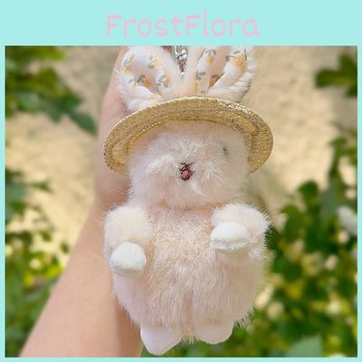 Soft Plush Rabbit Key Holder With Floral Ear And Straw Hat Design For Bag Decoration And Gifts