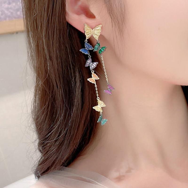 Temperament Cubic Zirconia Inlaid Decorative Facial Earrings Long Tassel Flying Butterfly Earrings