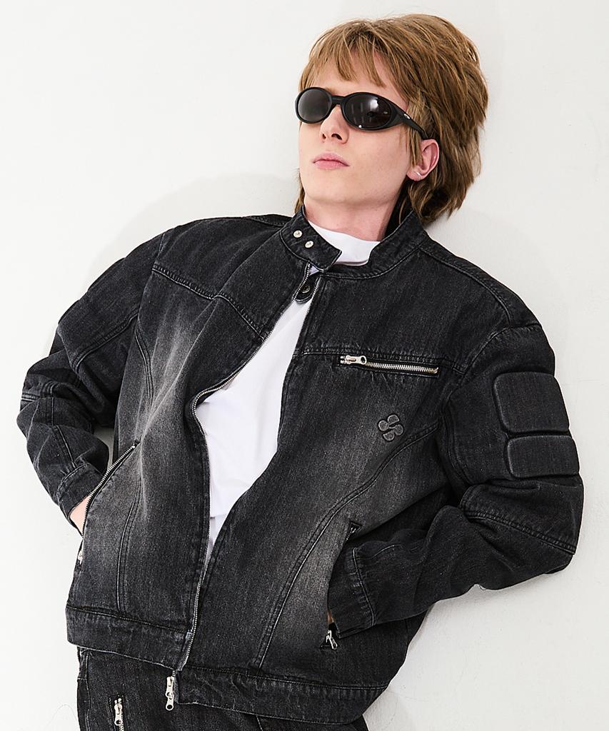 Hoodhood Embossed Denim Biker Jacket Black