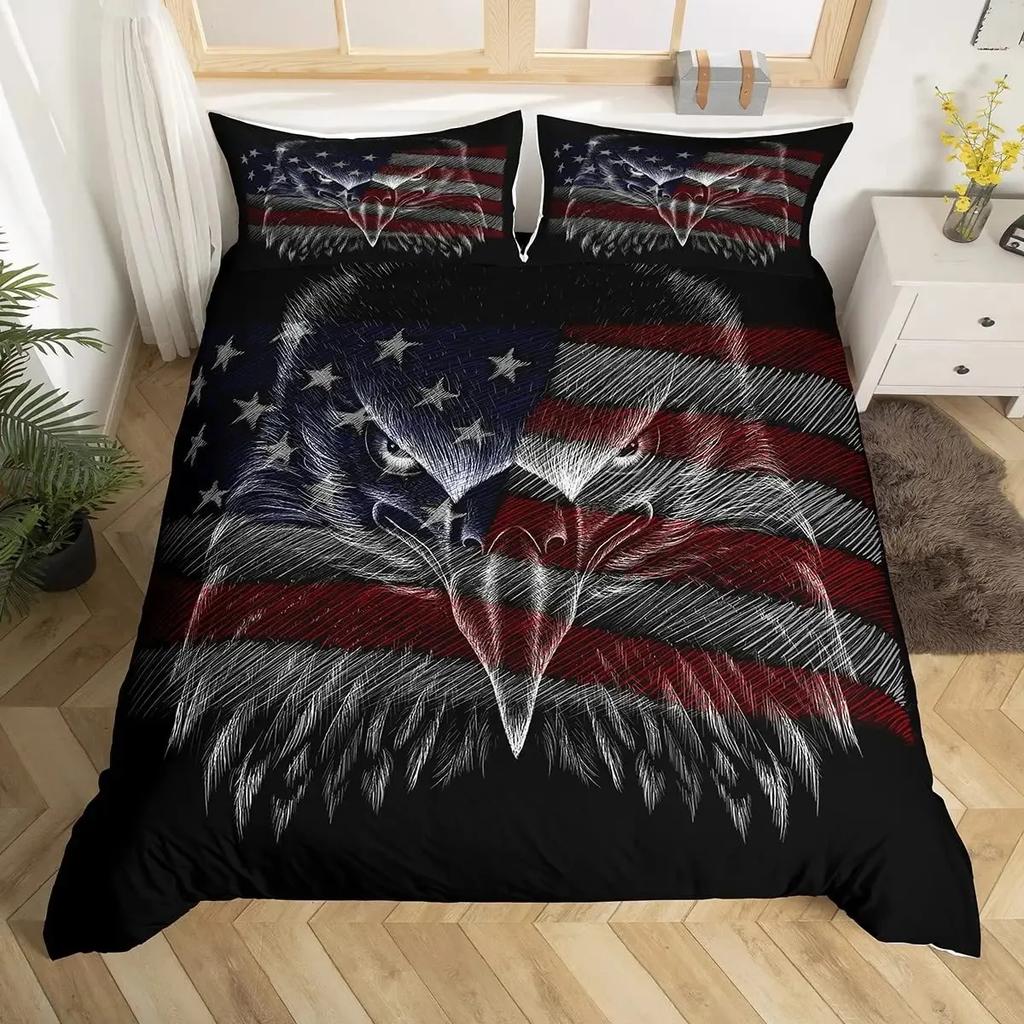 American Flag Duvet Cover Set Queen Size,Bald Eagle Bedding Sets Bird Animals Comforter Cover Waving Flag Bedspread Cover