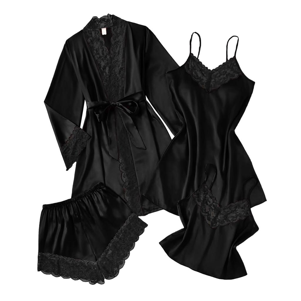 Women's 4,piece Satin Pajama Set, Soft Satin Sleepwear Set