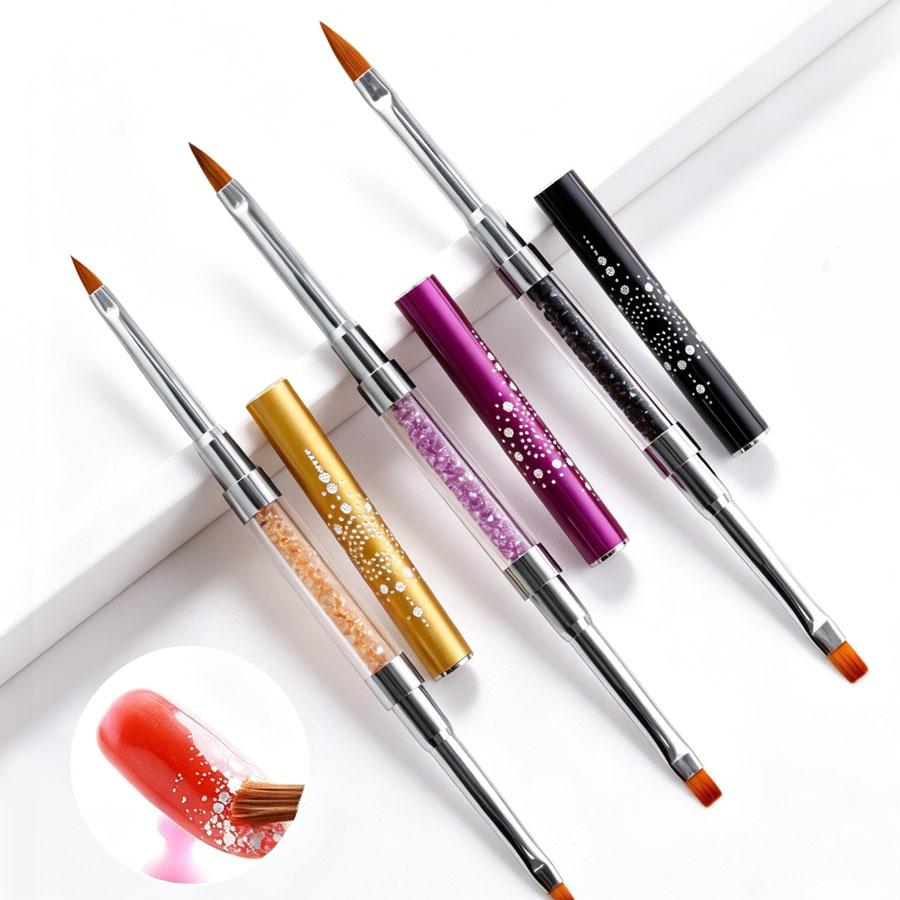 Double Ended Nail Art Brushes Rhinestone Handle, Flat Head Gel & Carving Sculpting Pen for Nail Extension Manicure