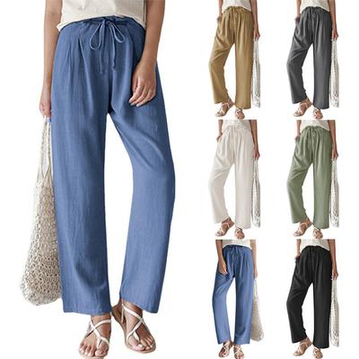 Spring and Summer New Loose Casual Women's Trousers Solid Colour Elastic Waist Tie Straight Trousers Female