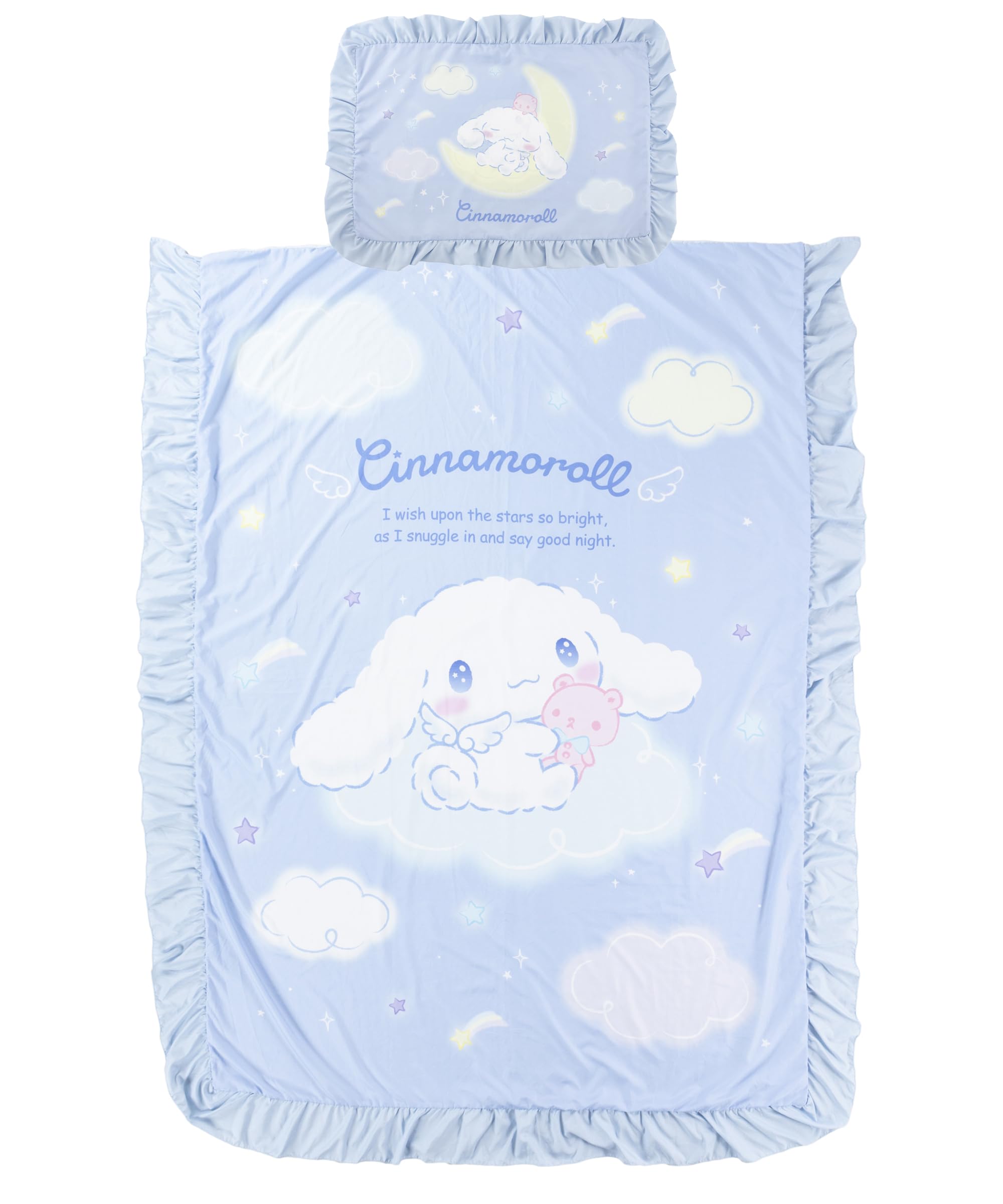 MORIPiLO (Morishita) Sanrio Duvet Cover and Pillowcase Set with Frills, Single Size (Cinnamoroll, Soft Peach Skin Fabric), Blue, 150x210cm, Cute Goods