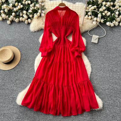 İlkbahar Sonbahar Kadın Dökümlü Uzun Elbise Vintage Kırmızı/Yeşil/Mor Devrik Yaka Tek Düğmeli Uzun Kollu A Kesim Maksi kadın Elbiseleri