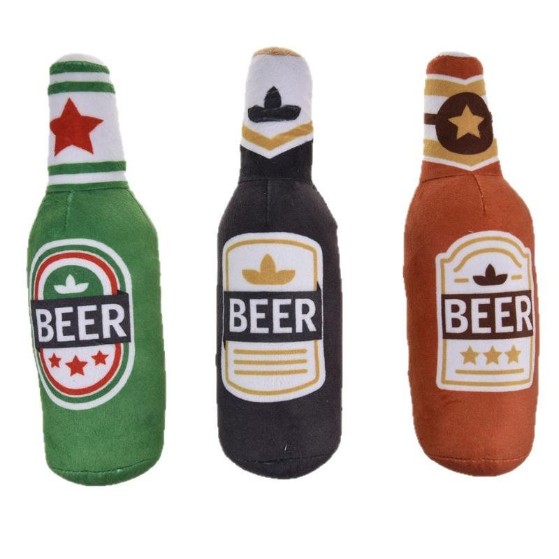 Beer Bottle Shaped Plush Dog Chew Toy Squeaky Interactive Bite-Resistant Pet Playing Supplies for Small to Large Dogs Teeth Clea
