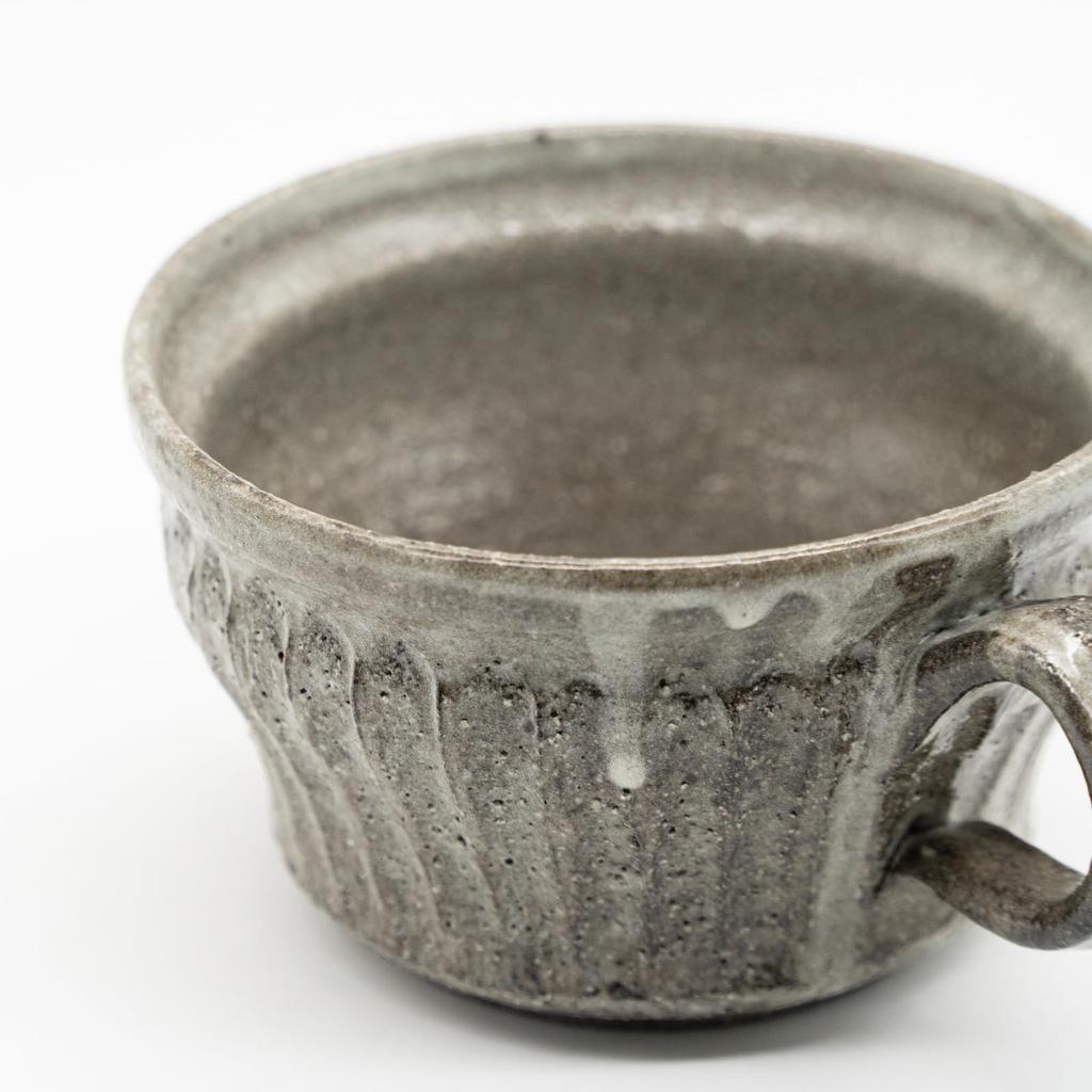 Marui Seito Shigaraki Ware Hechimon Soup Cup, 350ml Capacity, Silver Gray Carving, Gray, MR-3-4415