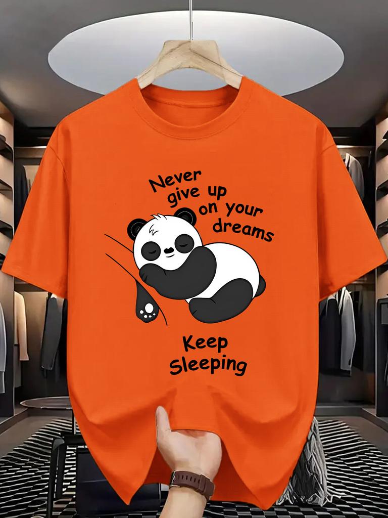 Animal Graphic T Shirt For Unisex Sleeping Panda Funny Slogan Crew Neck Tee Lazy Mood Cartoon Print Casual Daily Outfit Tops