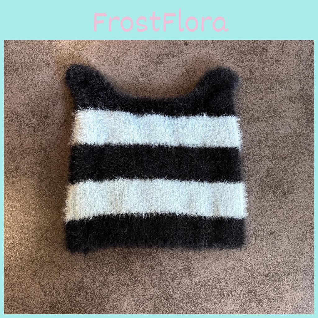 Cats Ears Design Knit Cap With Stripe Style For Daily Cold Weather Use Outdoor