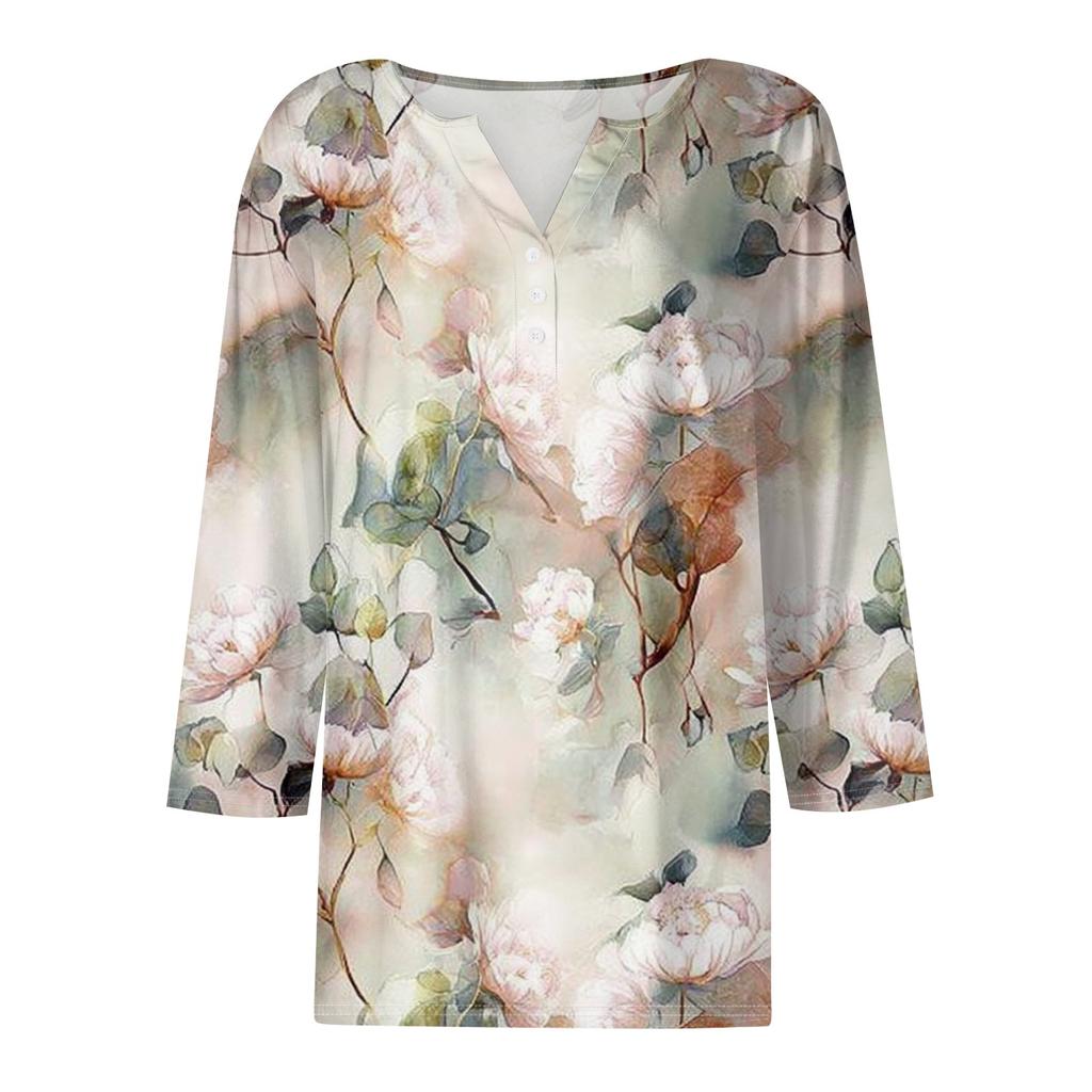 Damemote Uformelt blomstertrykk V-hals dekorativ knapp med trekvart ermet T-skjorte